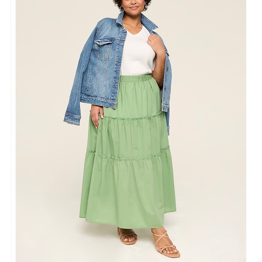 Lane Bryant Tiered Maxi Poplin Skirt Green 18/20 Elastic Waist Ruffle Trim Boho